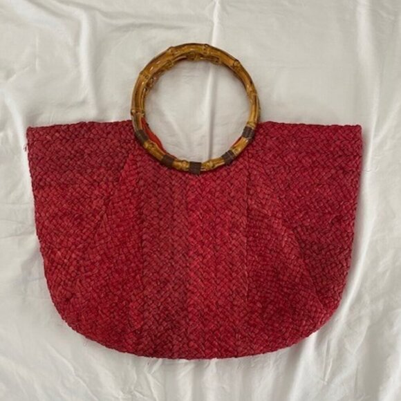 Vintage Large Red Woven Wicker Bamboo Handle Beach Bag Handbag Purse - Picture 2 of 15